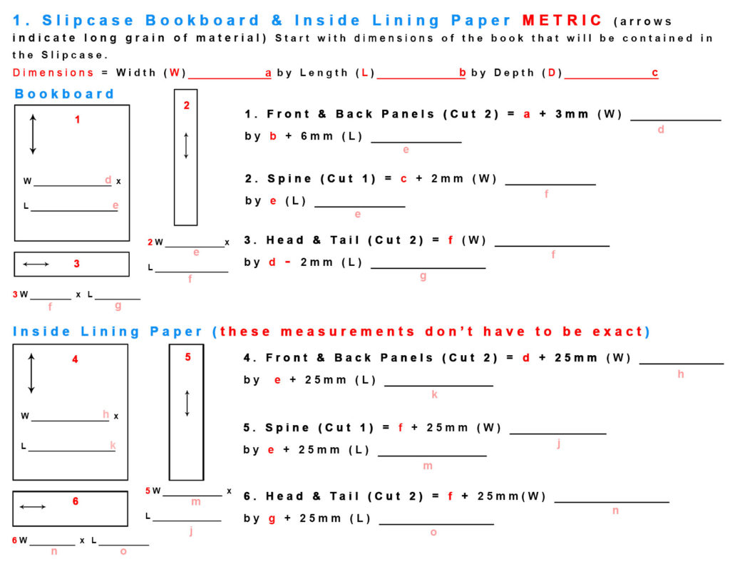 Slipcase Bookboard METRIC Worksheet